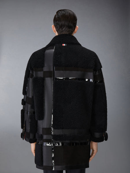 INTARSIA MIXED LEATHER DYED SHEARING OVERSIZED OVERCOAT BLACK