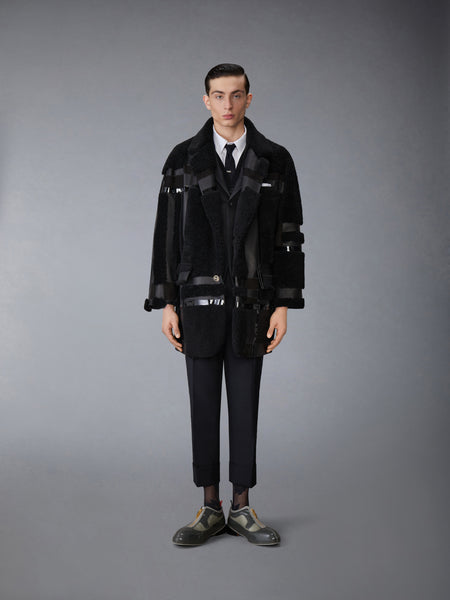 INTARSIA MIXED LEATHER DYED SHEARING OVERSIZED OVERCOAT BLACK