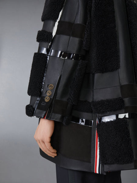 INTARSIA MIXED LEATHER DYED SHEARING OVERSIZED OVERCOAT BLACK