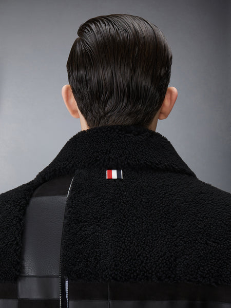 INTARSIA MIXED LEATHER DYED SHEARING OVERSIZED OVERCOAT BLACK