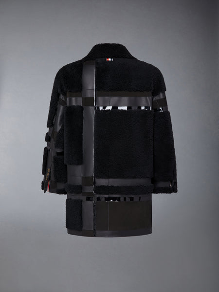 INTARSIA MIXED LEATHER DYED SHEARING OVERSIZED OVERCOAT BLACK