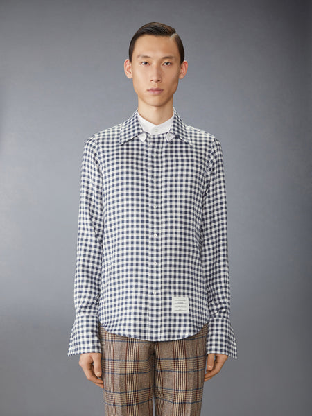 SILK TWILL GINGHAM SHIRT NAVY