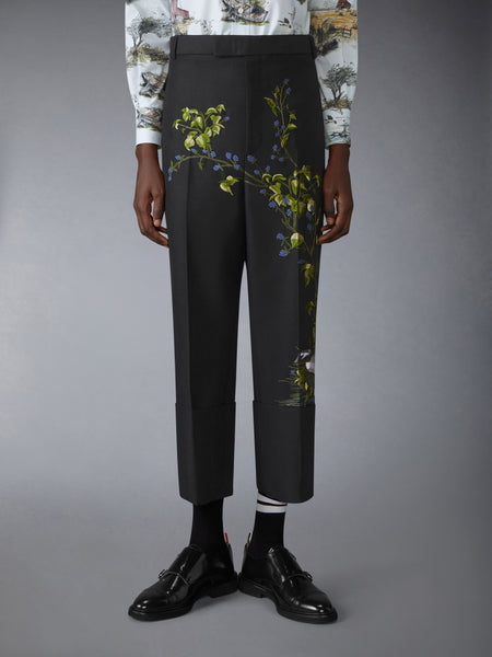 GOOSE SCENIC SATIN STITCH WOOL CHINO TROUSERS BLACK