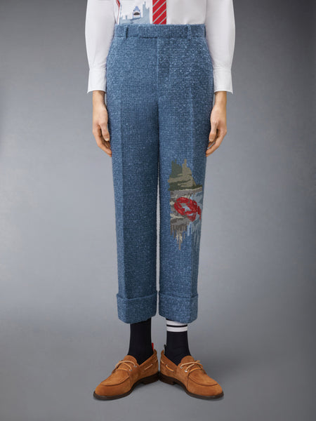 BOUCLE TWEED SCENIC LOBSTER AND SAILBOAT EMBROIDERY TROUSER DEEP BLUE
