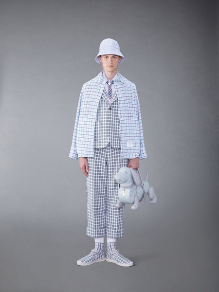CHECK SUMMER TWEED FRAY SACK TROUSER MED GREY