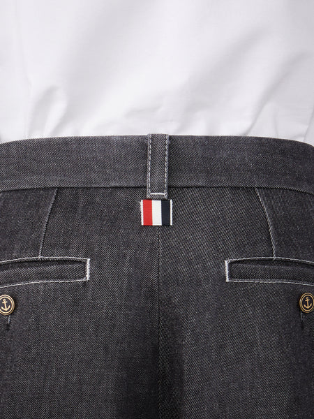 WASHED DENIM CONTRAST TOPSTITCHING UNCONSTRUCTED STRAIGHT LEG TROUSERS BLACK