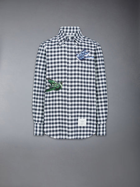 GINGHAM CHECK FLANNEL SATIN STITCH BIRDS SHIRT NAVY