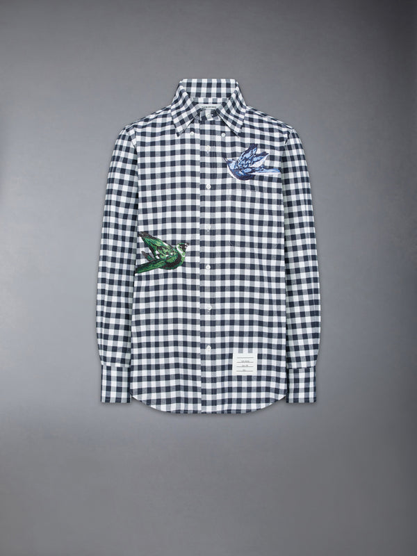 GINGHAM CHECK FLANNEL SATIN STITCH BIRDS SHIRT - featured image