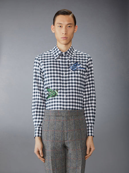 GINGHAM CHECK FLANNEL SATIN STITCH BIRDS SHIRT NAVY