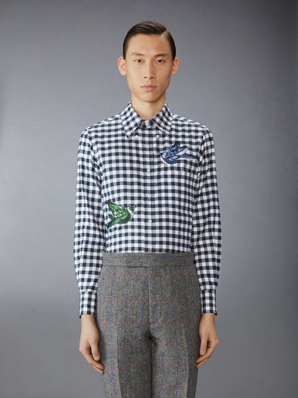 GINGHAM CHECK FLANNEL SATIN STITCH BIRDS SHIRT - image 1