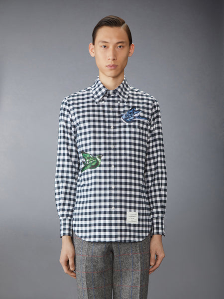 GINGHAM CHECK FLANNEL SATIN STITCH BIRDS SHIRT NAVY