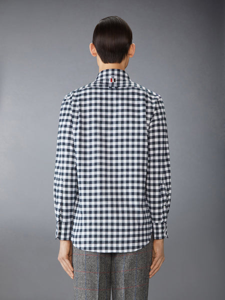 GINGHAM CHECK FLANNEL SATIN STITCH BIRDS SHIRT NAVY