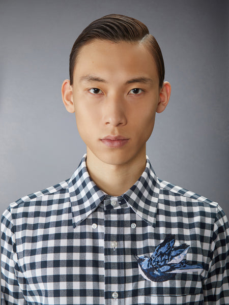 GINGHAM CHECK FLANNEL SATIN STITCH BIRDS SHIRT NAVY