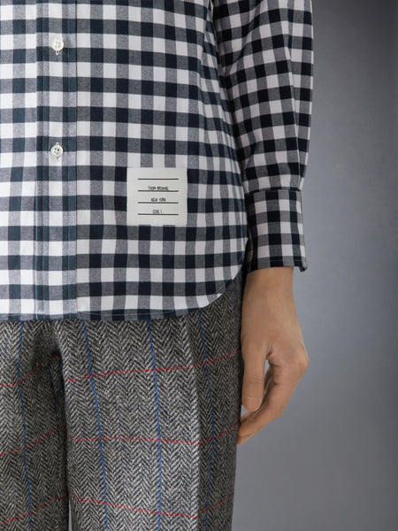 GINGHAM CHECK FLANNEL SATIN STITCH BIRDS SHIRT NAVY