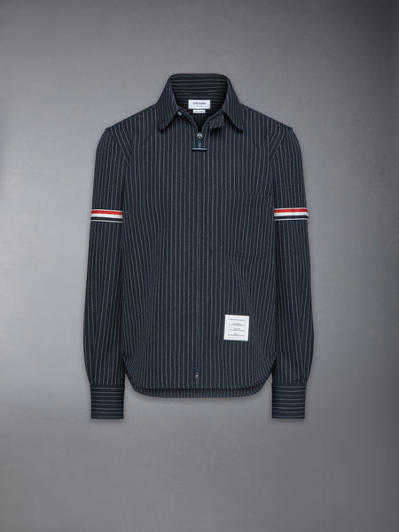 PINSTRIPE HIGH TWIST WOOL ZIP UP SHIRT NAVY