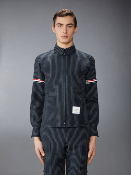 PINSTRIPE HIGH TWIST WOOL ZIP UP SHIRT NAVY