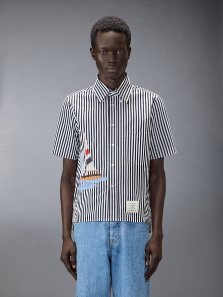 STRIPED SAILBOAT EMBROIDERY SHORT SLEEVE SHIRT NAVY
