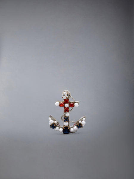 PEARL AND CRYSTAL EMBROIDERY ANCHOR BROOCH SILVER