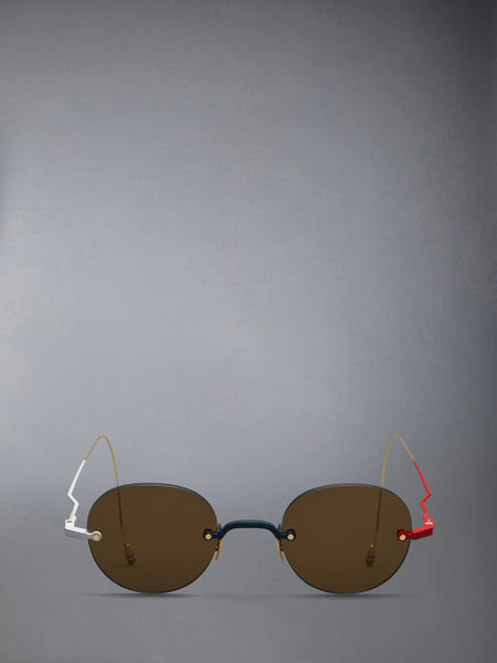 TITANIUM RIMLESS ROUND SUNGLASSES NAVY WITH RED AND WHITE