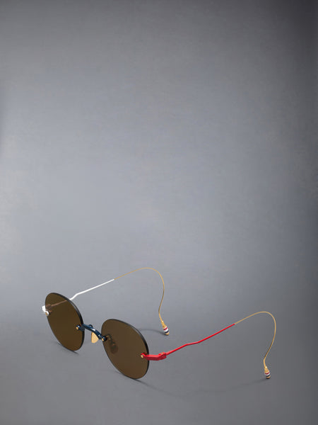 TITANIUM RIMLESS ROUND SUNGLASSES NAVY WITH RED AND WHITE