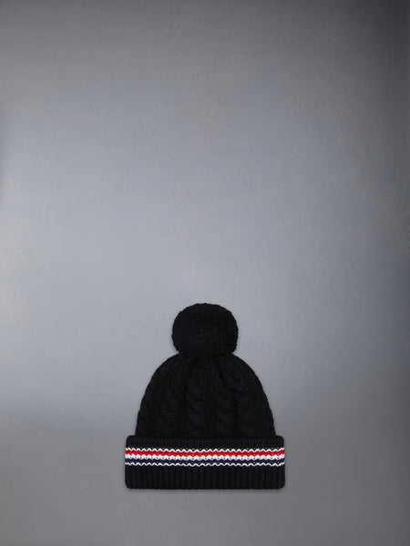CASHMERE BABY CABLE STITCH POM POM HAT BLACK